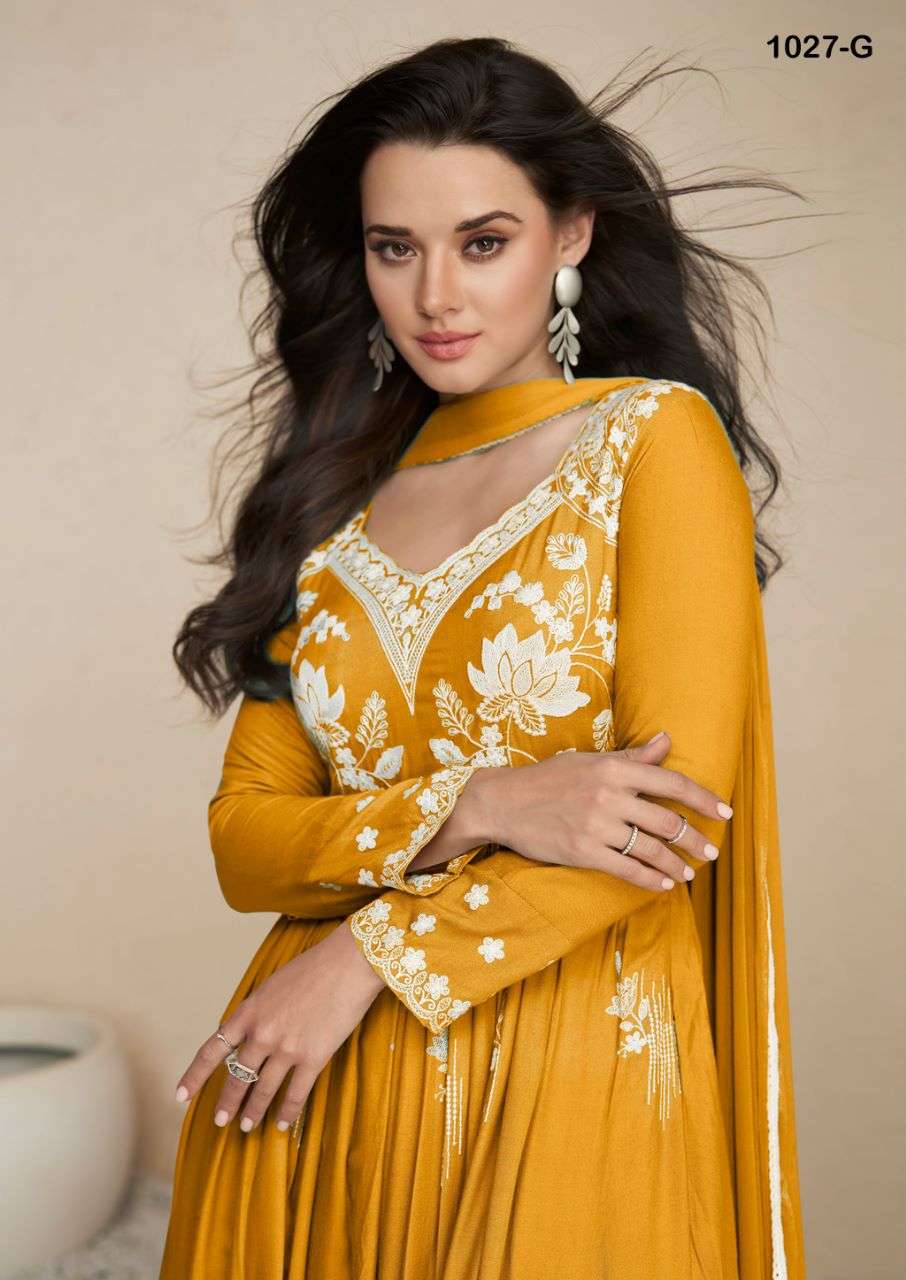 LAKHNAVI VOL HIT LIST  HEAVY REYON WHITE THREAD WORK NAURA CUT KURTI WITH PLAZZO AND NAZMIN DUPATTA BY VAMIKA BRAND 1027 G C
